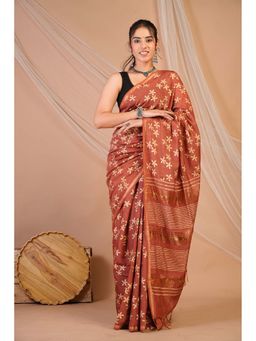 ANUTTARA - Bhagalpuri Rust Pure Cotton Hand Block Floral Saree with Unstitched Blouse