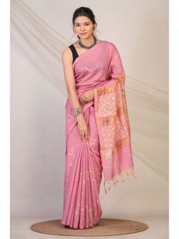 ANUTTARA - Bhagalpuri Pink Pure Cotton Hand Block Printed Saree with Unstitched Blouse