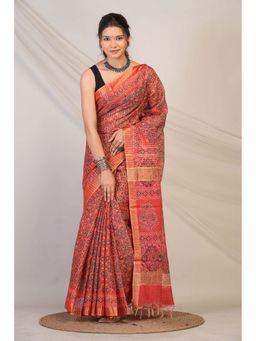 ANUTTARA - Bhagalpuri Red Cotton Silk Tassels Floral Saree with Unstitched Blouse