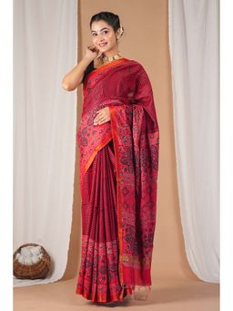 ANUTTARA - Bhagalpuri Red Cotton Silk Tassels Printed Saree With Unstitched Blouse
