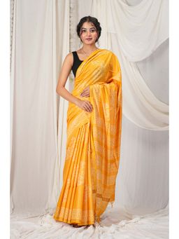 ANUTTARA - Bhagalpuri Yellow Cotton Silk Hand Block Printed Saree With Unstitched Blouse