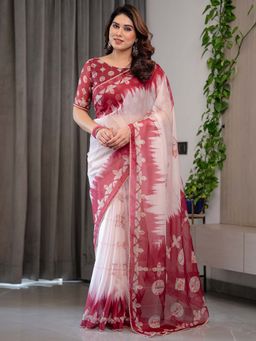 ALMAARI FASHION - Maroon Organza Lace Work Floral Saree With Unstitched Blouse