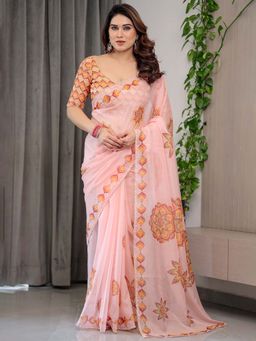 ALMAARI FASHION - Pink Organza Lace Work Printed Saree With Unstitched Blouse