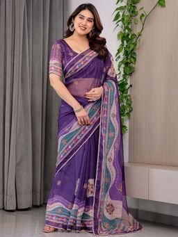 ALMAARI FASHION - Purple Organza Lace Work Floral Saree With Unstitched Blouse