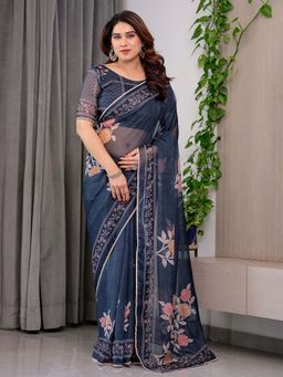ALMAARI FASHION - Navy Blue Organza Lace Work Floral Saree With Unstitched Blouse