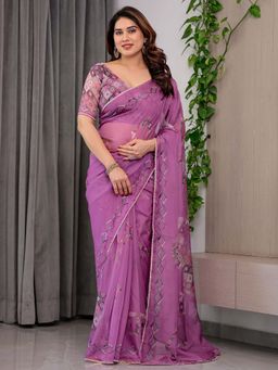 ALMAARI FASHION - Purple Organza Lace Work Printed Saree With Unstitched Blouse