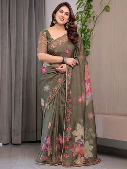 ALMAARI FASHION - Olive Organza Lace Work Floral Saree With Unstitched Blouse