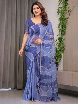 ALMAARI FASHION - Blue Organza Lace Work Printed Saree With Unstitched Blouse