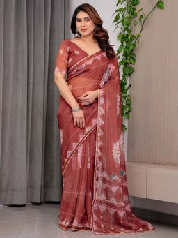 ALMAARI FASHION - Rust Organza Lace Work Printed Saree With Unstitched Blouse