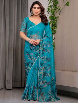 ALMAARI FASHION - Teal Organza Lace Work Printed Saree With Unstitched Blouse
