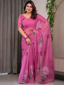 ALMAARI FASHION - Pink Organza Lace Work Floral Saree With Unstitched Blouse
