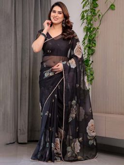 ALMAARI FASHION - Black Organza Lace Work Floral Saree With Unstitched Blouse