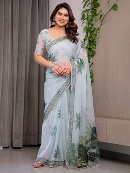 ALMAARI FASHION - Blue Organza Lace Work Printed Saree With Unstitched Blouse