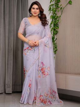 ALMAARI FASHION - Purple Organza Lace Work Floral Saree With Unstitched Blouse