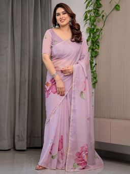 ALMAARI FASHION - Lavender Organza Lace Work Floral Saree With Unstitched Blouse