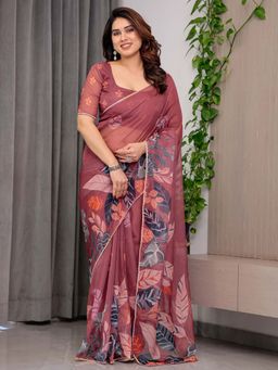ALMAARI FASHION - Maroon Organza Lace Work Printed Saree With Unstitched Blouse