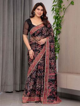ALMAARI FASHION - Black Organza Printed Floral Saree With Unstitched Blouse