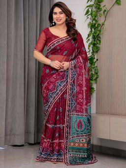 ALMAARI FASHION - Red Organza Printed Floral Saree With Unstitched Blouse