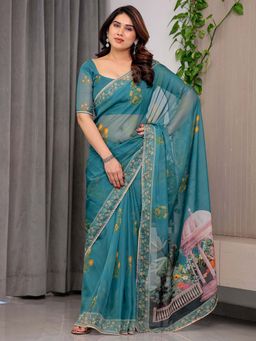 ALMAARI FASHION - Teal Organza Printed Floral Saree With Unstitched Blouse