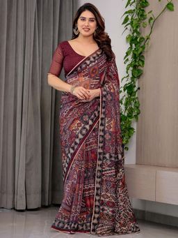 ALMAARI FASHION - Maroon Organza Hand Block Printed Saree With Unstitched Blouse