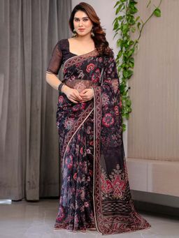 ALMAARI FASHION - Black Organza Printed Floral Saree With Unstitched Blouse