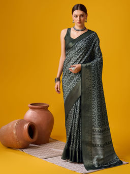 EXCLUSIVA - Green Cotton Saree with Unstitched Blouse