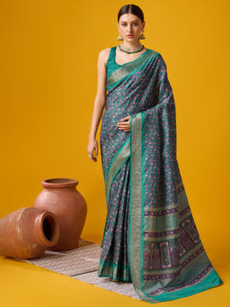 EXCLUSIVA - Green Cotton Saree with Unstitched Blouse