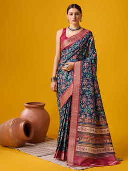 EXCLUSIVA - Blue Cotton Saree with Unstitched Blouse