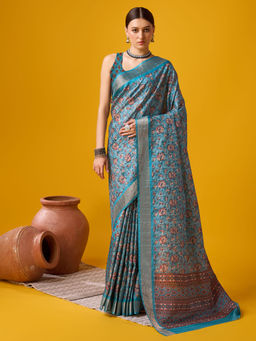 EXCLUSIVA - Blue Cotton Saree with Unstitched Blouse