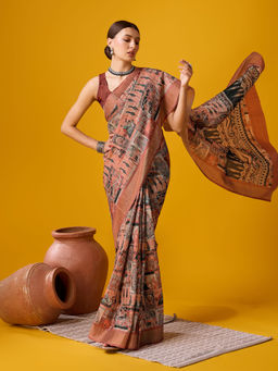 EXCLUSIVA - Peach Cotton Saree with Unstitched Blouse