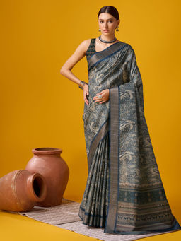 EXCLUSIVA - Grey Cotton Saree with Unstitched Blouse