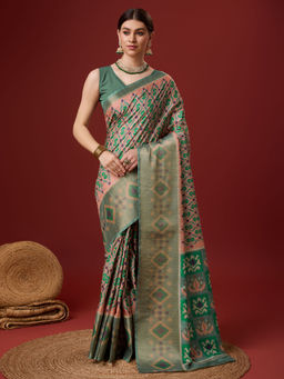 EXCLUSIVA - Green Cotton Saree with Unstitched Blouse