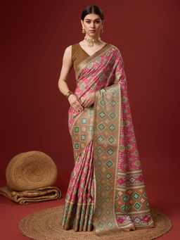 EXCLUSIVA - Pink Cotton Saree with Unstitched Blouse