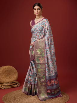 EXCLUSIVA - Blue Cotton Saree with Unstitched Blouse