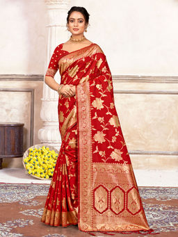 EXCLUSIVA - Red Silk Saree with Unstitched Blouse