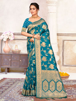 EXCLUSIVA - Teal Silk Saree with Unstitched Blouse