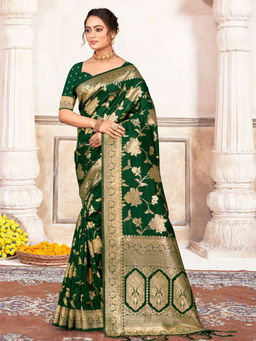 EXCLUSIVA - Green Silk Saree with Unstitched Blouse