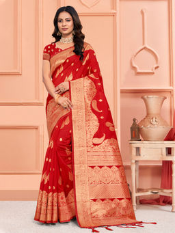 EXCLUSIVA - Red Silk Saree with Unstitched Blouse