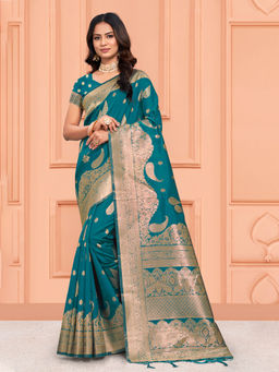 EXCLUSIVA - Teal Silk Saree with Unstitched Blouse