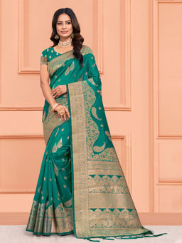 EXCLUSIVA - Green Silk Saree with Unstitched Blouse