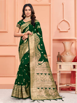 EXCLUSIVA - Green Silk Saree with Unstitched Blouse