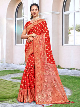 EXCLUSIVA - Red Silk Saree with Unstitched Blouse