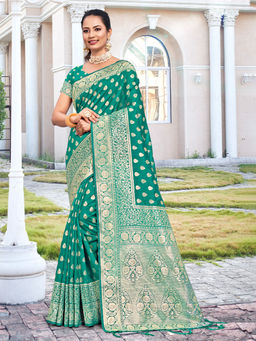 EXCLUSIVA - Green Silk Saree with Unstitched Blouse