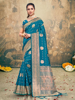 EXCLUSIVA - Blue Silk Saree with Unstitched Blouse
