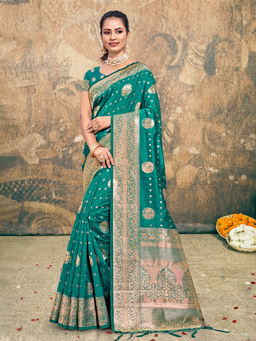 EXCLUSIVA - Green Silk Saree with Unstitched Blouse
