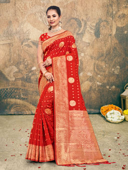 EXCLUSIVA - Red Silk Saree with Unstitched Blouse