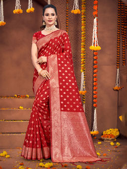 EXCLUSIVA - Red Silk Saree with Unstitched Blouse