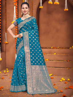 EXCLUSIVA - Blue Silk Saree with Unstitched Blouse