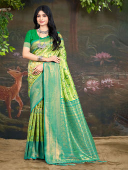 EXCLUSIVA - Green Kanjivaram Saree with Unstitched Blouse