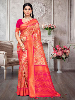 EXCLUSIVA - Orange Kanjivaram Saree with Unstitched Blouse